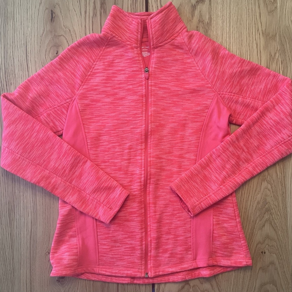 TEK GEAR SIZE MEDIUM FULL ZIP LONG SLEEVE JACKET PINK-ORANGE WITH THUMB HOLES